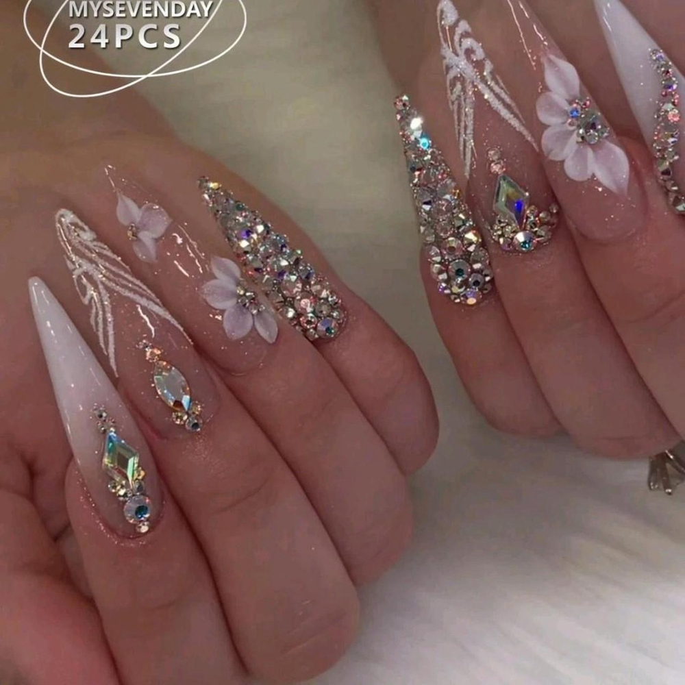 24Pcs Long Water Droplet Press-On Nails Rhinestone Floral European Style Set sh